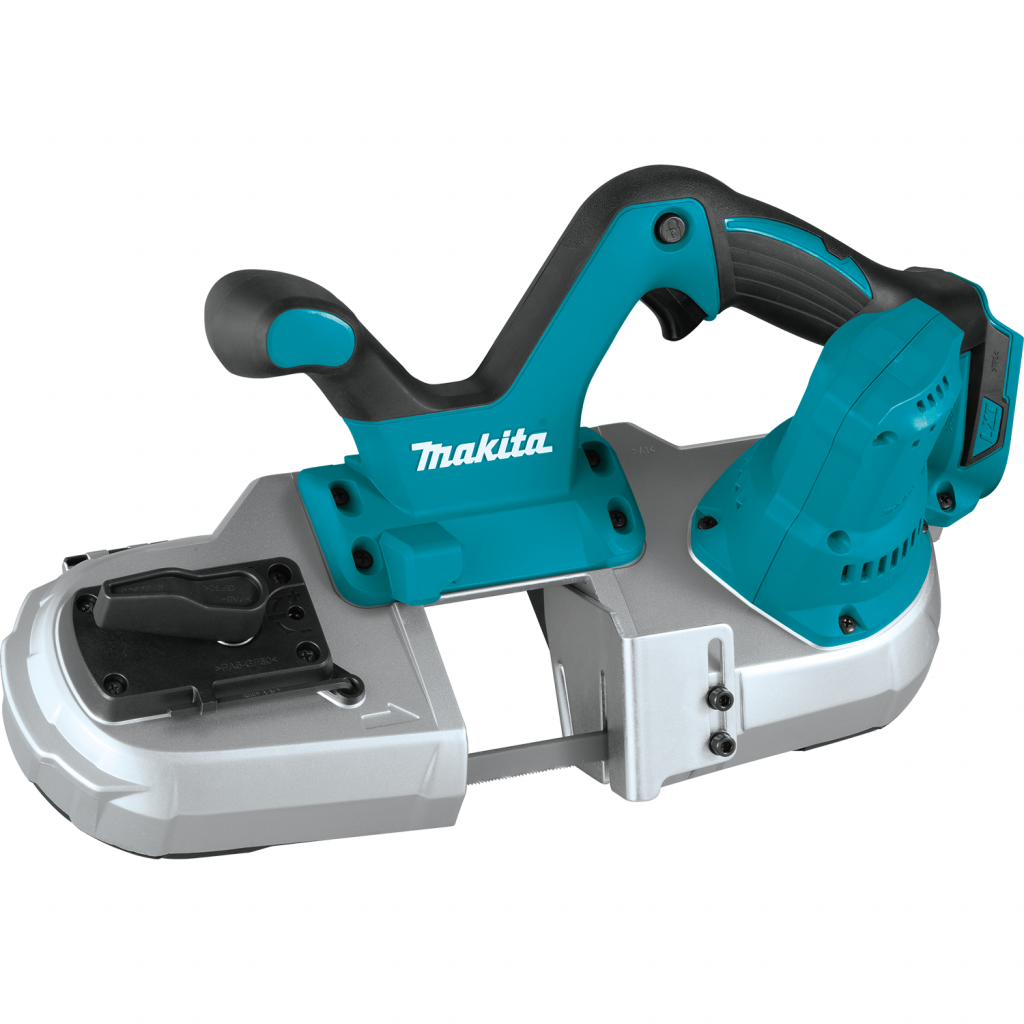 The Makita XBP03Z 18V LXT Lithium-Ion Cordless Compact Band Saw, featuring a powerful and efficient brushless motor, a lightweight and compact design, and an LED work light for increased visibility.