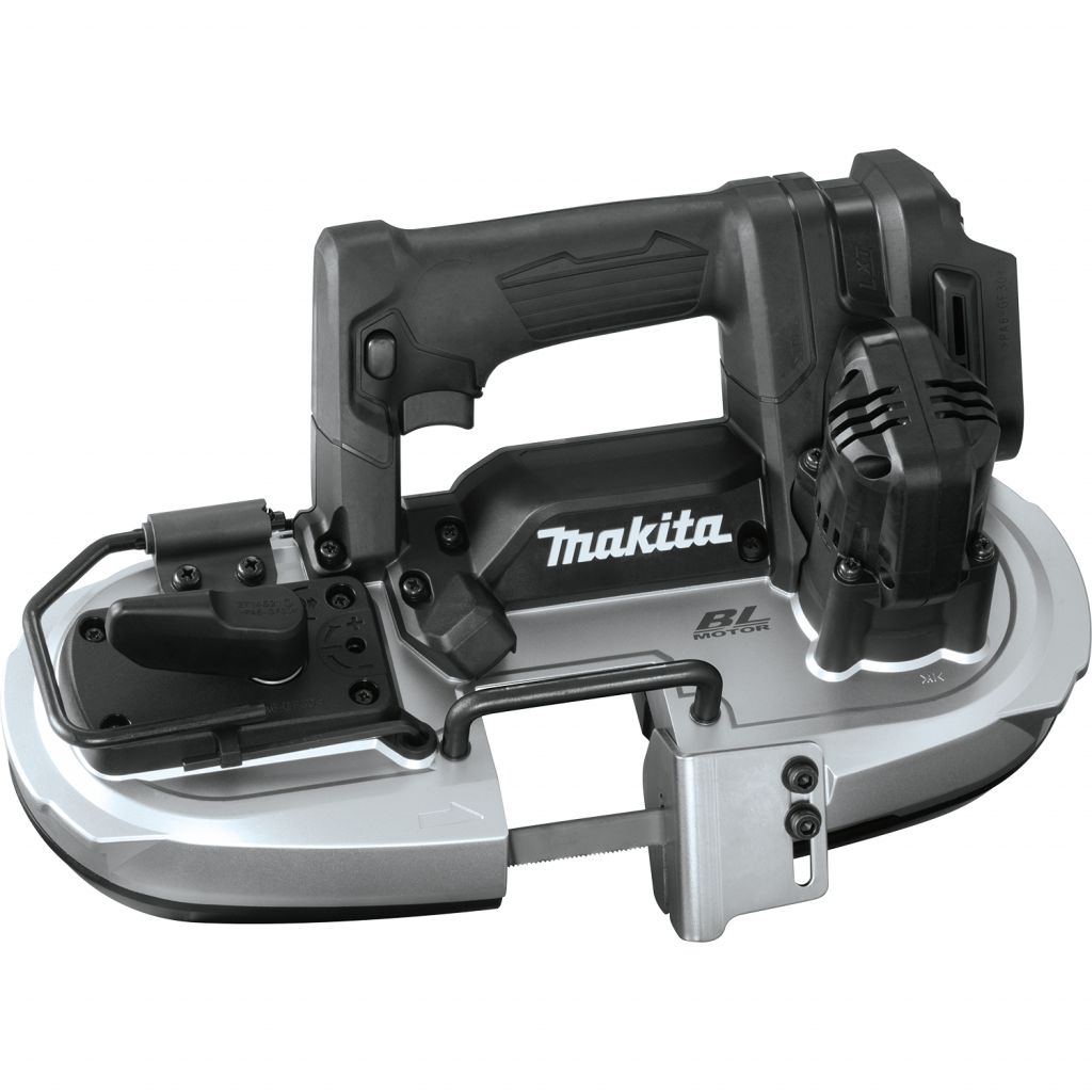 The Makita XBP05ZB is a cordless, brushless band saw powered by a 18V LXT lithium-ion battery.