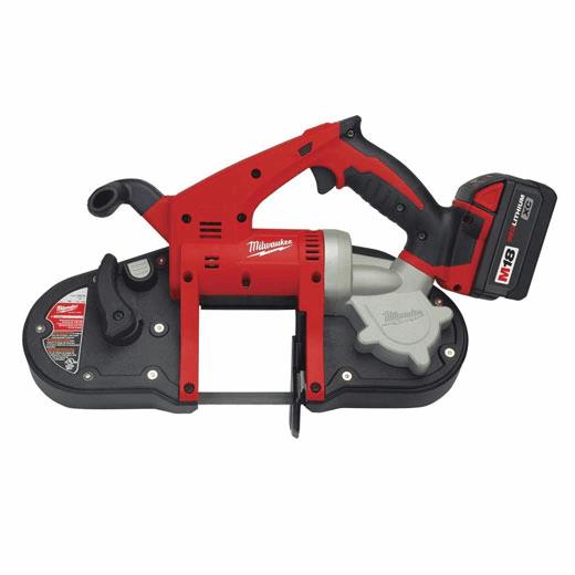 The Milwaukee M18 2629-22 is a cordless band saw kit that features a powerful M18 Lithium-ion battery, charger and a compact, lightweight design for cutting metal, wood, and plastic in tight spaces, it also has an ergonomic grip and a cutting capacity of 3-5/8 inches in round and 4-3/4 inches in rectangular materials.